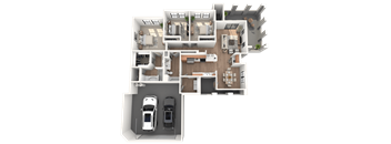 A 3D floor plan of a house with two bedrooms, a living room, a kitchen, a dining room, and a garage.