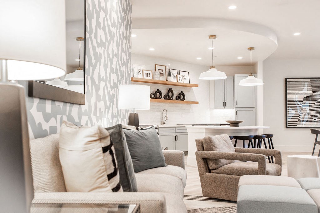 a living room and kitchen in a model home