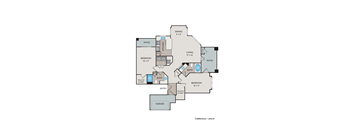 A floor plan of a home with a living room, two bedrooms, a garage, a patio, a kitchen, a dining room, and a bathroom.