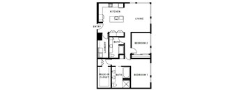 A black and white image of a floor plan for a home with two bedrooms, a bathroom, a laundry area, a kitchen, a living room, and a walk-in closet.