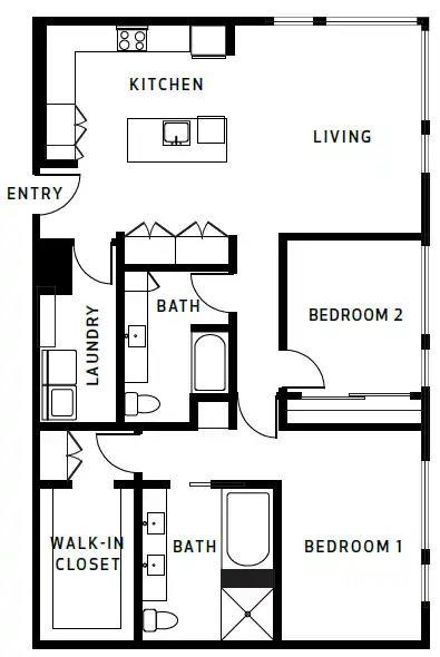 A black and white image of a floor plan for a home with two bedrooms, a bathroom, a laundry area, a kitchen, a living room, and a walk-in closet.