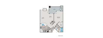 A floor plan of a home with a living room, dining room, kitchen, bedroom, bathroom, and storage area.