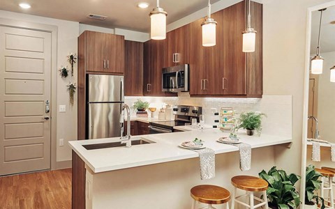 Island Kitchen with Sleek Dark Wood Cabinets and Undercabinet Lighting