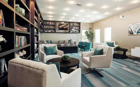 Clubhouse Lounge with Library Wall and TV Entertainment Area