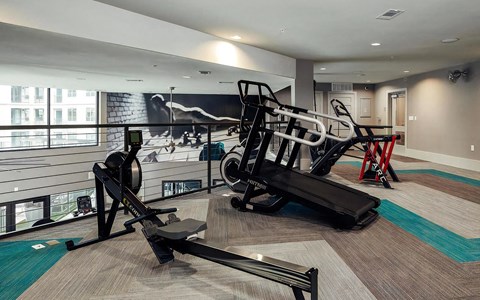 Upper-Level Fitness Space with Rowing Machine, Curved Treadmills, and Plyo Boxes