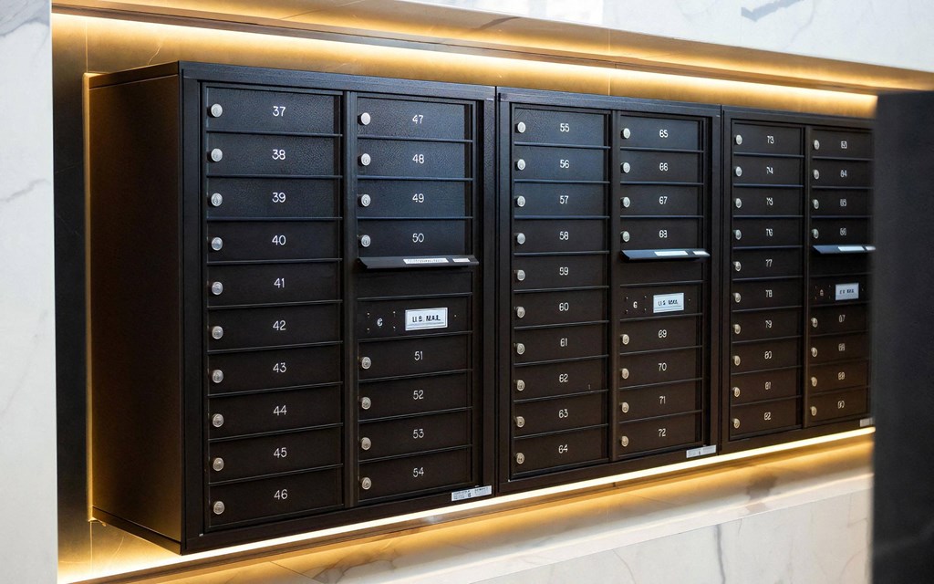 Resident Mail Center Featuring Numbered Mailboxes and Drop Slots