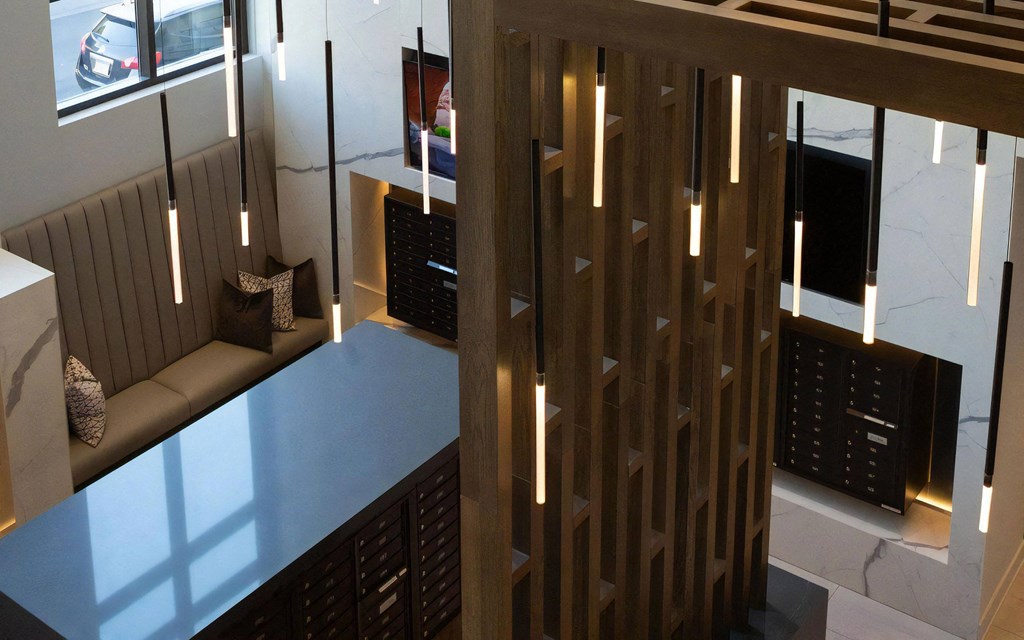 Community Mail Room with Decorative Divider and Boxed Mail Units