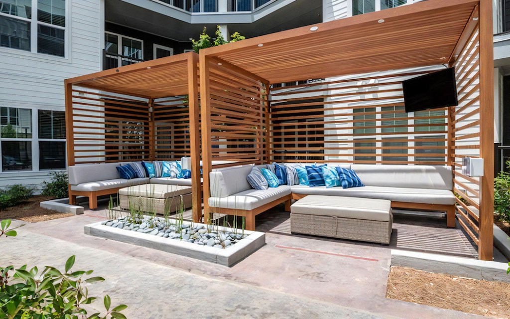 Outdoor Lounge with Covered Cabanas and Built-In Seating