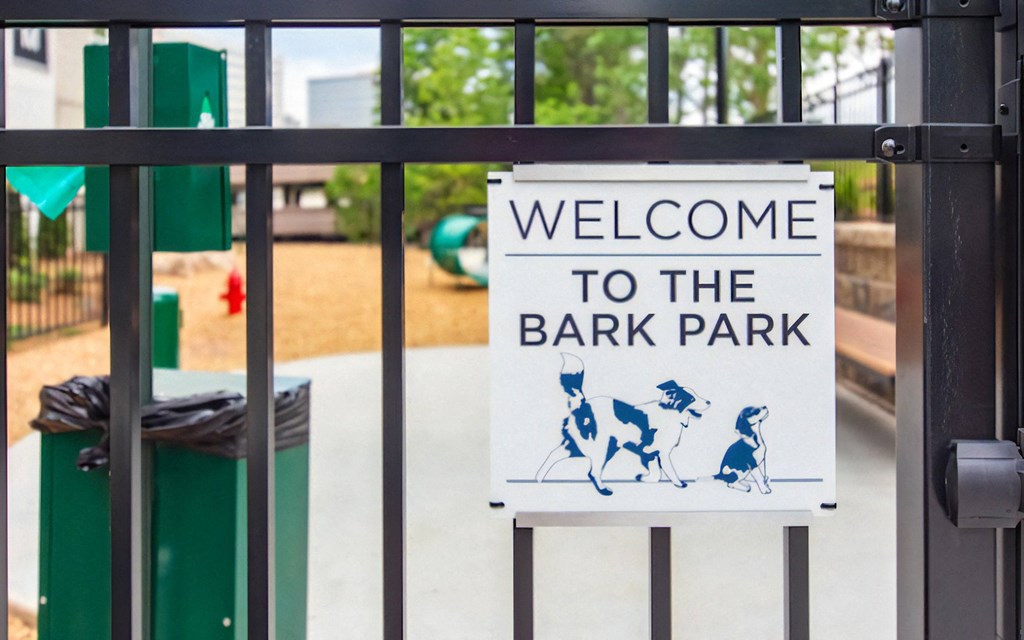 Welcome Sign at The Elden Galleria Bark Park Entrance for Residents' Pets