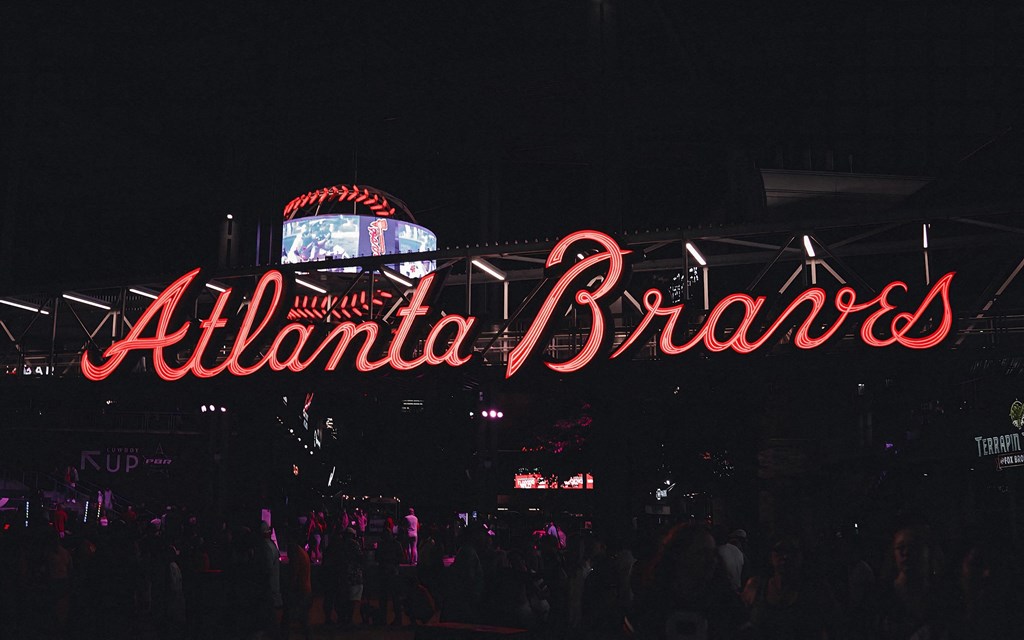 Atlanta Braves Stadium Entrance Illuminated at Night Near The Elden Galleria