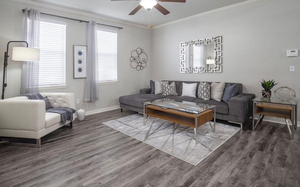 Spacious Living Room with Ceiling Fan