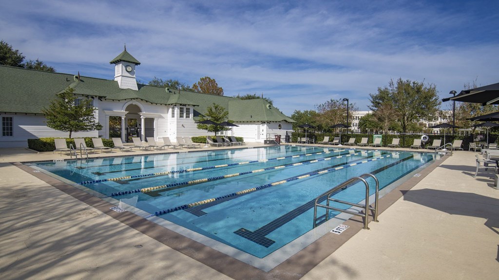 Outdoor Lap Pool With Lounge Seating for Resident Use