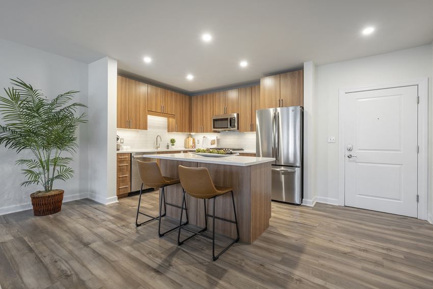 kitchen with island, counter seating, stainless steel appliances and granite countertops - luxury arlington ma apartments - Photo Gallery 1