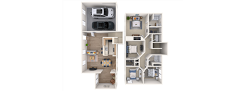 a stylized floor plan with a kitchen and a bedroom