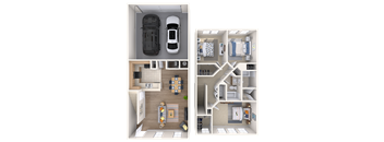 two views of a 3d model of a house and a car in a room