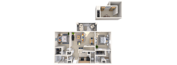 a 3d rendering of a bedroom and a living room