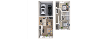 a stylized floor plan with a car is shown in a