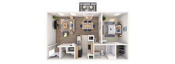a 3d rendering of the living room and dining room of an apartment