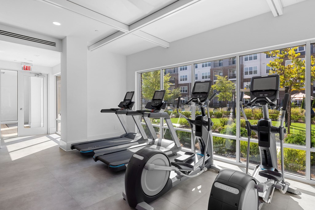 A gym with treadmills and elliptical machines.