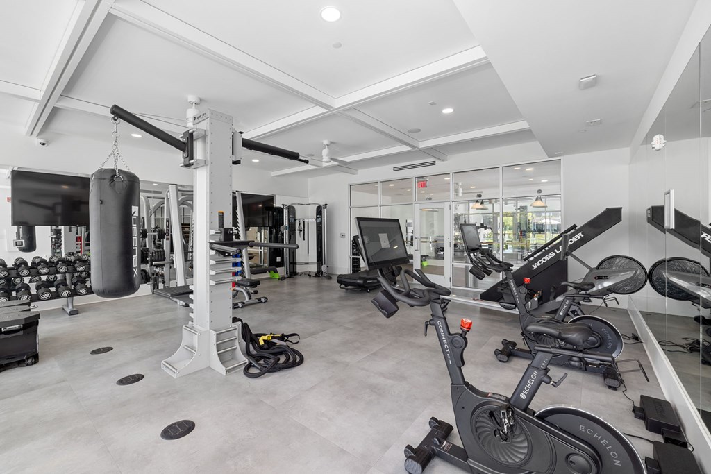 A gym with a variety of equipment including treadmills, weights, and exercise machines.