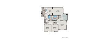 A floor plan of a house with a living room, two bedrooms, a bathroom, a kitchen, a dining room, a pantry, and a walk-in closet.