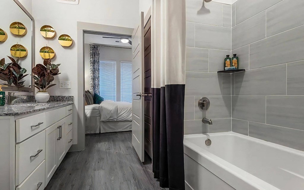Tub and Vanity Bathroom With Granite Countertops and Bedroom Access