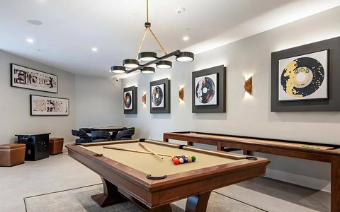 Game room with a billiards table, shuffleboard along the wall, framed record artwork, and an arcade cabinet in the corner.