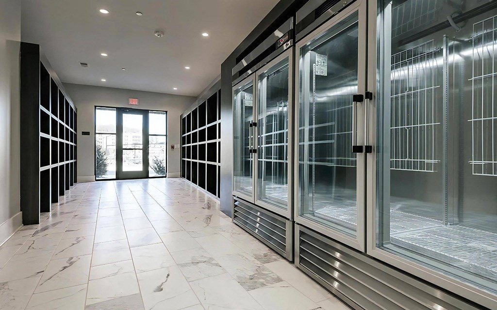 Clubhouse Room with Industrial Refrigerators and Package Shelves
