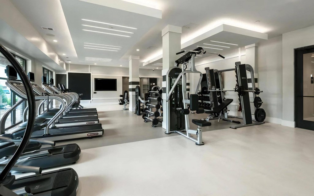 Fitness Room with Cardio Machines, Free Weights, and Streaming Screen
