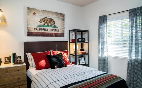 Second bedroom with a leather headboard, framed California flag art, open shelving unit, and a curtained window.