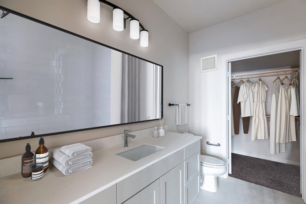 a bathroom with a large mirror and a sink and a toilet