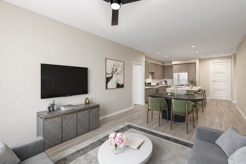 Contemporary Open Concept Kitchen and Living Area with Island Seating and Dining Nook