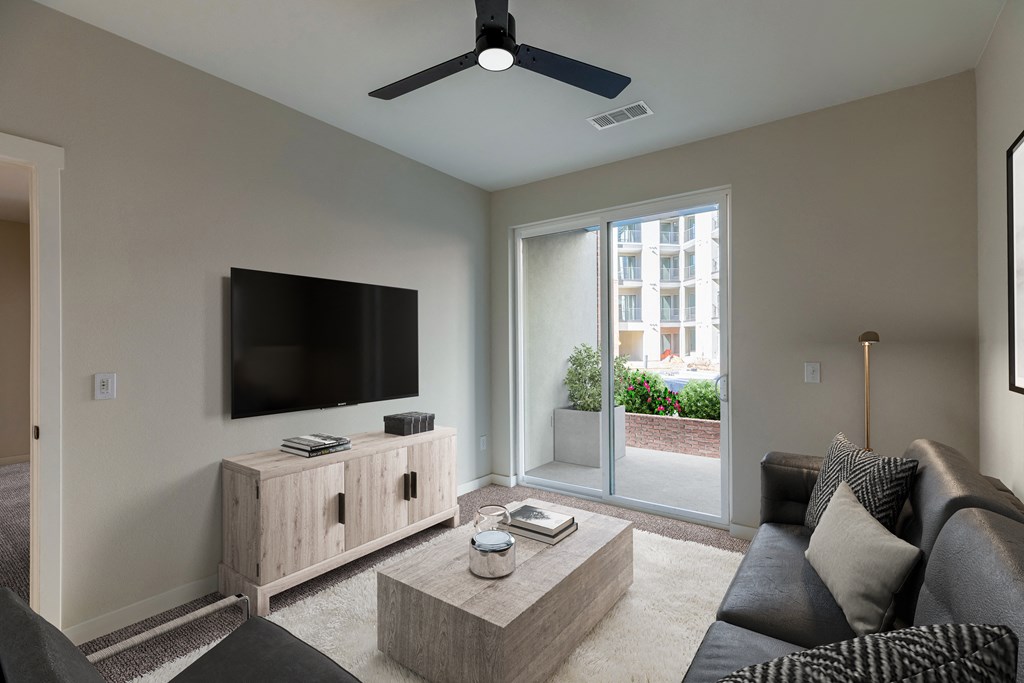 Cozy Living Room with Balcony Access and Neutral Wood Accents