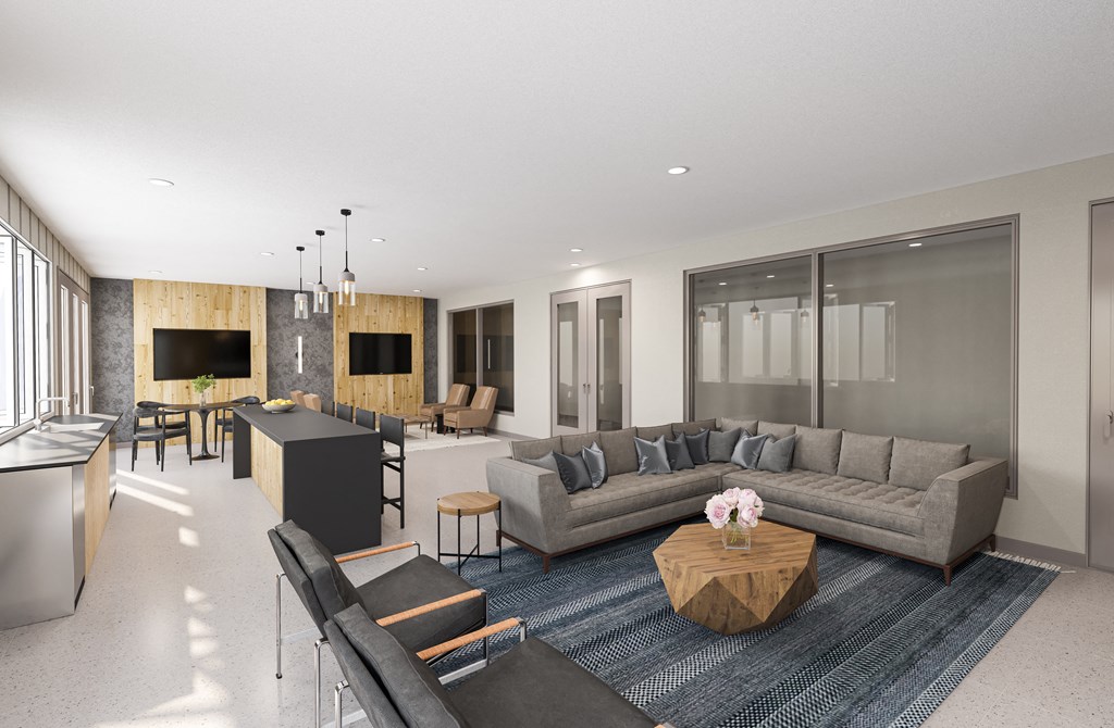 a rendering of a living room with couches and a table