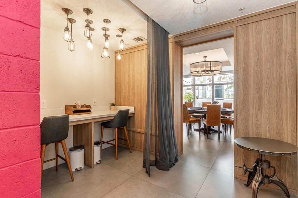 Two-station Study Nook with Curtain Divider Opening to Adjacent Meeting Area