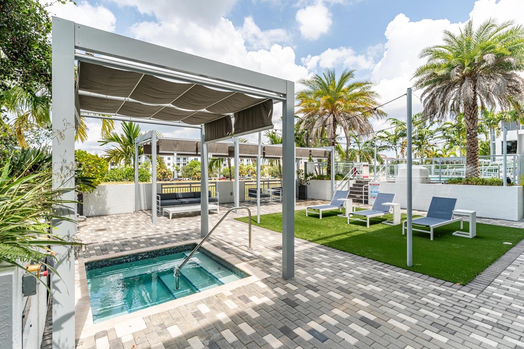 Courtyard View With Lounge Seating and Shade Structures