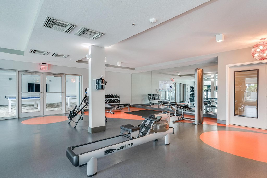 Gym with Free Weights, WaterRower, and Inversion Benches for Full Body Training