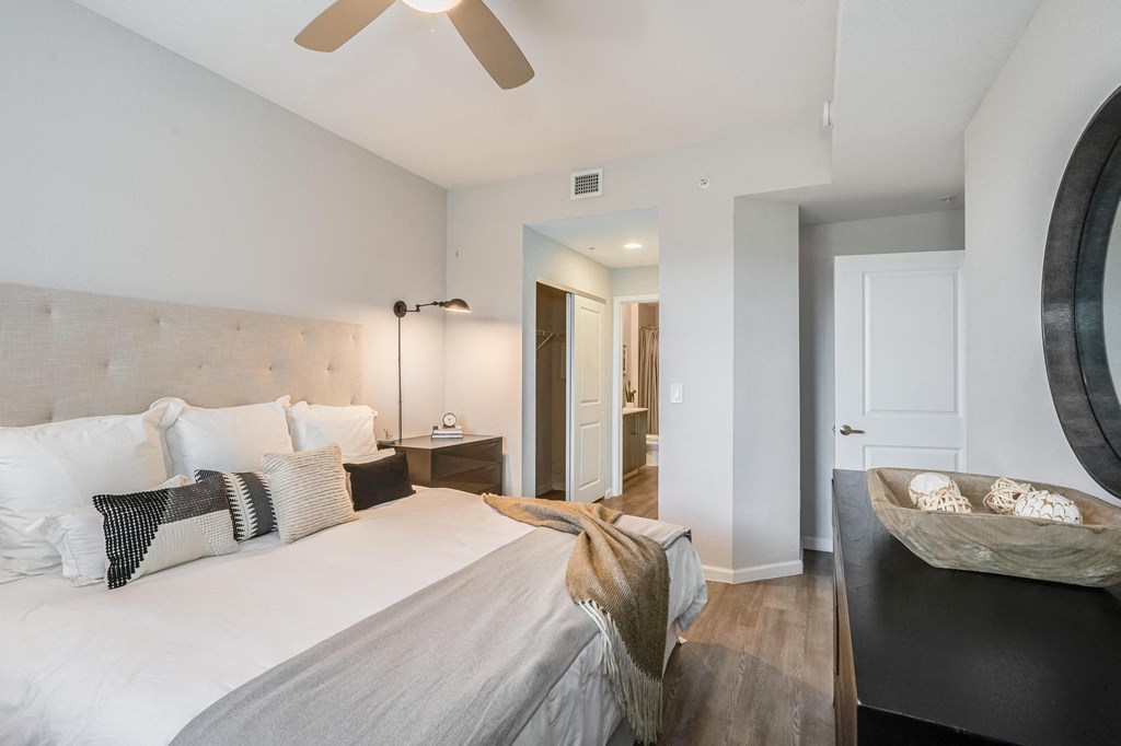 Bedroom with Ceiling Fan, Walk-In Closet, and Access to Attached Bathroom