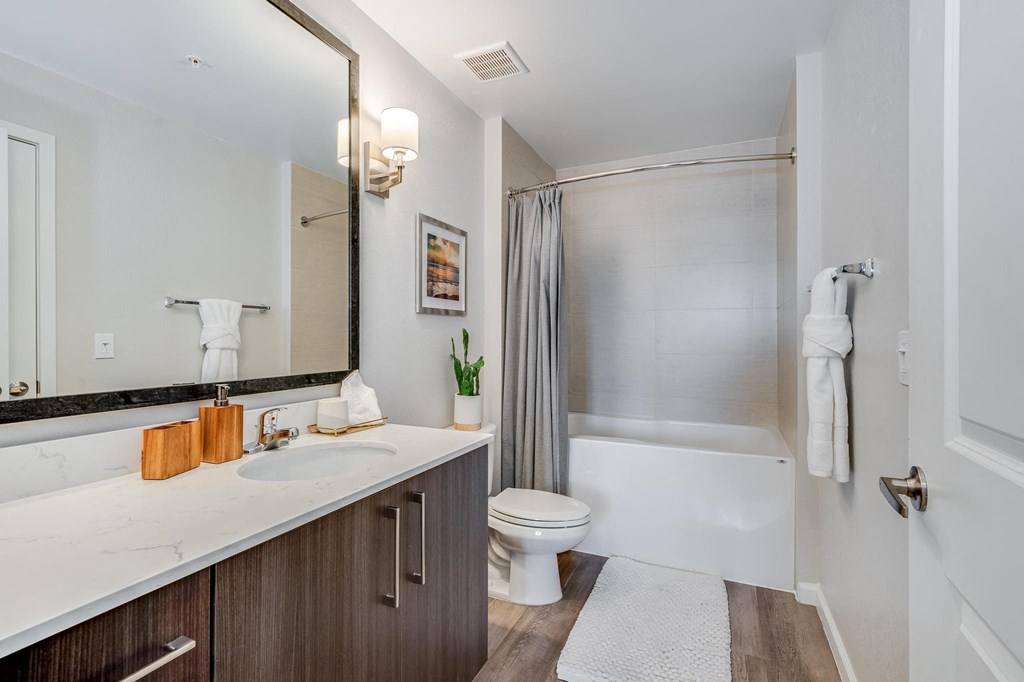Walk-In Bathroom with Wide Framed Mirror, White Countertop, Tub, and Storage Under Sink
