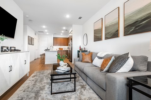 A modern living room with a grey couch and a coffee table.