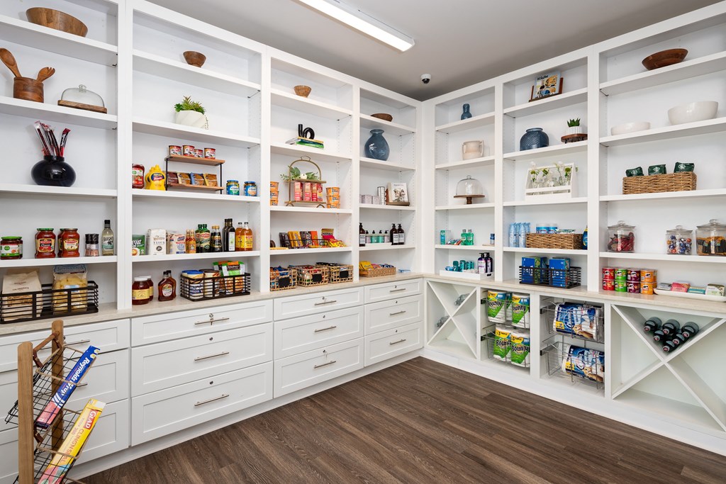 Community Pantry with Organized Open Shelving and Cabinets