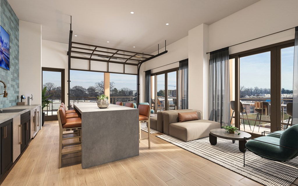 a rendering of a living room with a kitchen and a balcony