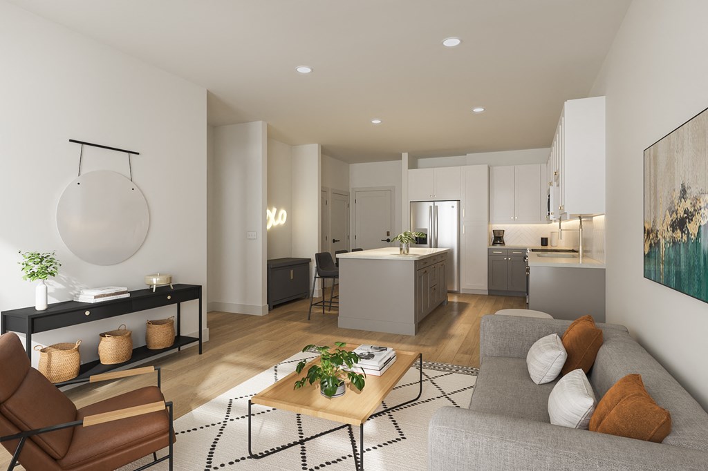 a living room with a couch and a table