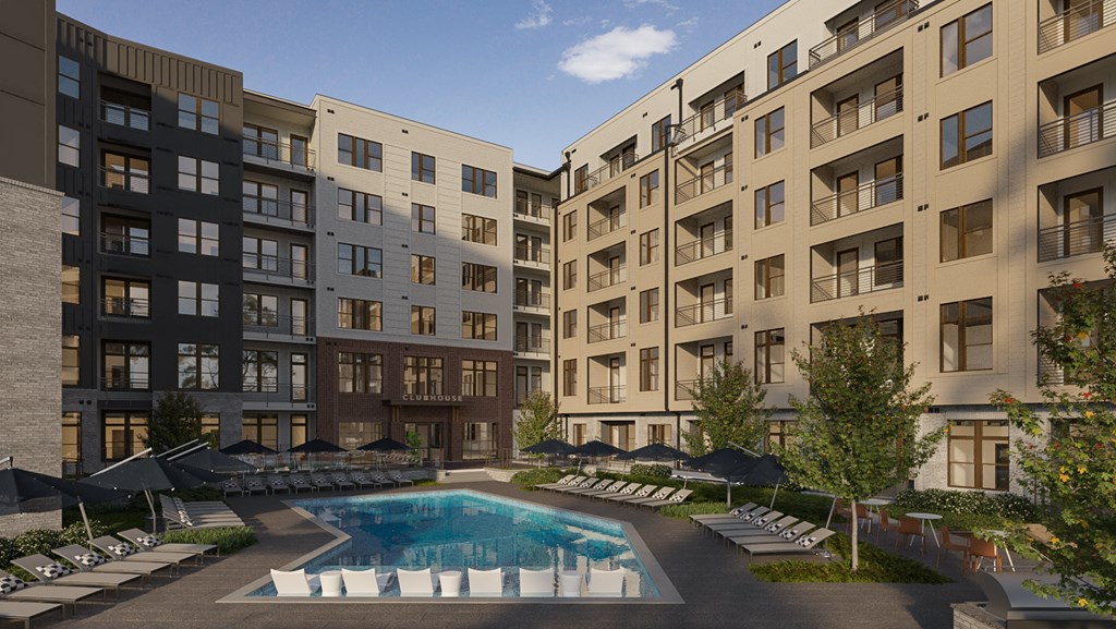 a rendering of an apartment building with a swimming pool