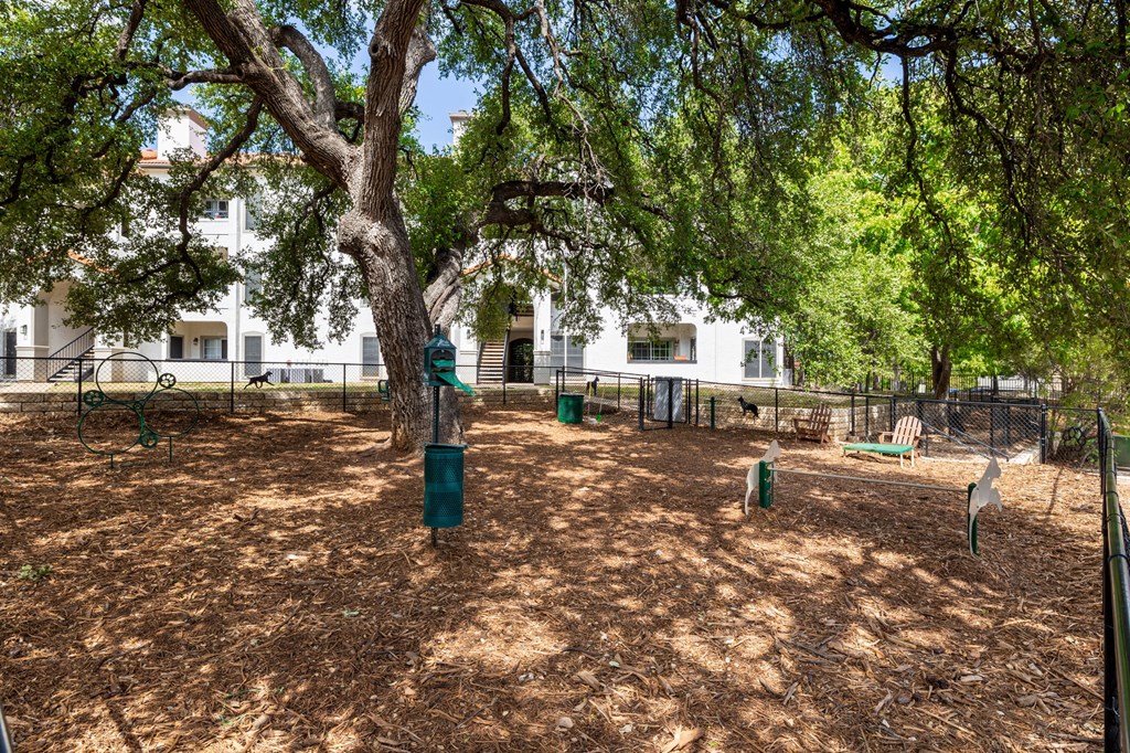 a dog park with a large tree and a playground in front of a white building