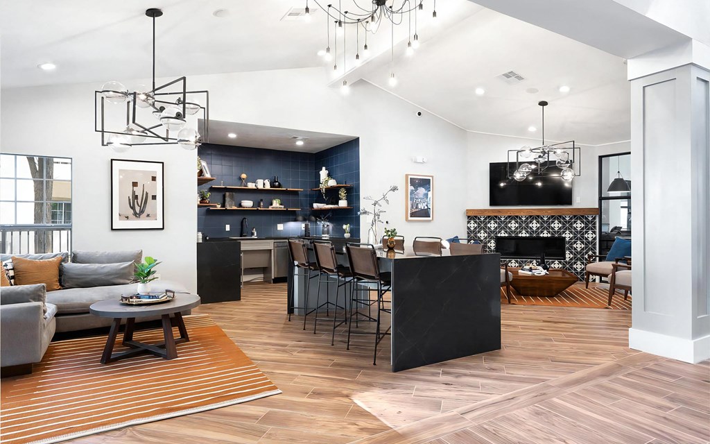 Mesa Verde Lounge Clubhouse with Work Lounge Dining Table Kitchenette and Television