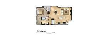 A floor plan of a Midtown apartment with a living room, dining room, kitchen, and two bathrooms.