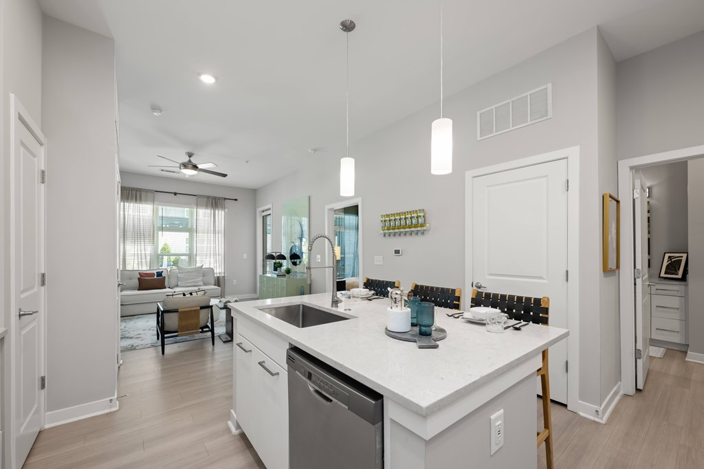 A modern kitchen with a white countertop and a dishwasher.