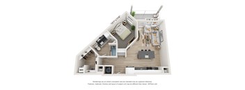 a stylized floor plan with a bedroom and a living room