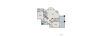 A floor plan of an apartment with a living area, two bedrooms, a patio, and a walk-in closet.